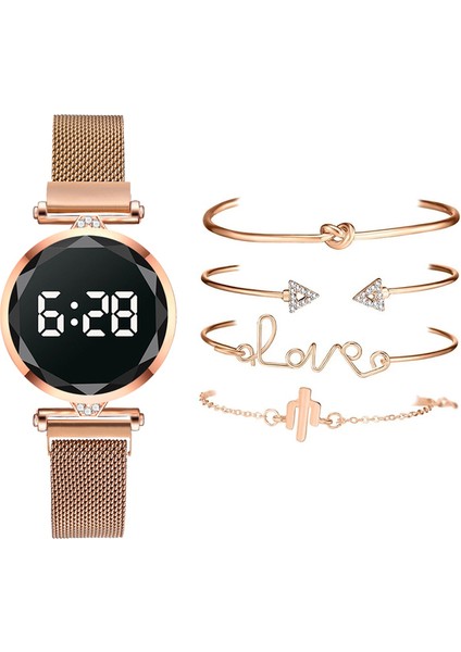 5 Adet Gül Altın 5 Adet Set Bilezik Izle Kadınlar Lüks Dijital Mıknatıs Gül Altın Paslanmaz Çelik LED Kuvars Saatler Relogio Feminino Dropshipping (Yurt Dışından)