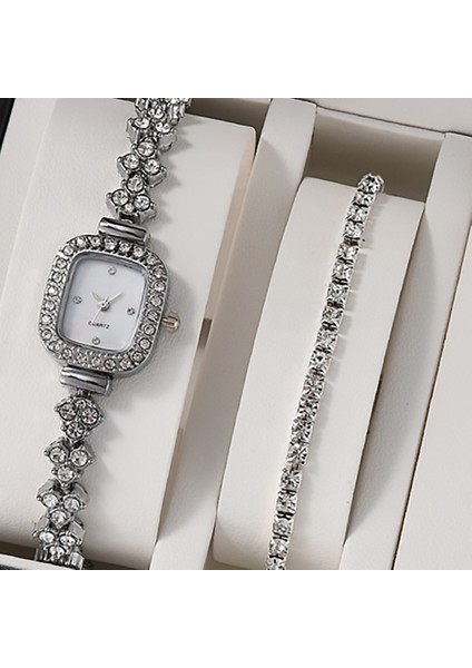 Gümüş Ekle Bilezikler Lüks Işıltılı Kadın Çelik Bileklik Saat Moda Kare Kabuk Yüz Tasarımı Lüks Bayan Kuvars Saatler Pırlantalı Saat (Yurt Dışından)