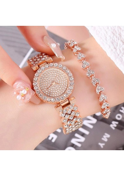 XR4781 Gül 2 Adet Lüks Kadın Gül Altın Izle Moda Bayanlar Kuvars Elmas Kol Saati Zarif Kadın Bilezik Saatler Seti Reloj Mujer (Yurt Dışından)