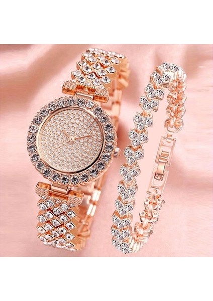 XR4781 Gül 2 Adet Lüks Kadın Gül Altın Izle Moda Bayanlar Kuvars Elmas Kol Saati Zarif Kadın Bilezik Saatler Seti Reloj Mujer (Yurt Dışından)