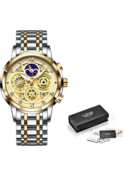 Altın Sarı Erkekler Izle Lıge Üst Marka Lüks Rahat Spor Saatler Erkekler Için Paslanmaz Çelik Kol Saati Adam Saat Moda Ay Fazı Kol Saati (Yurt Dışından)