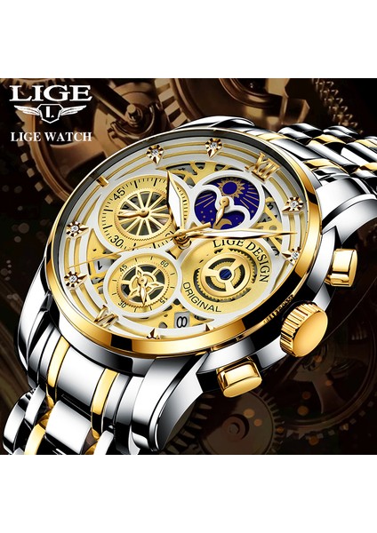 Altın Sarı Erkekler Izle Lıge Üst Marka Lüks Rahat Spor Saatler Erkekler Için Paslanmaz Çelik Kol Saati Adam Saat Moda Ay Fazı Kol Saati (Yurt Dışından) fiyatları