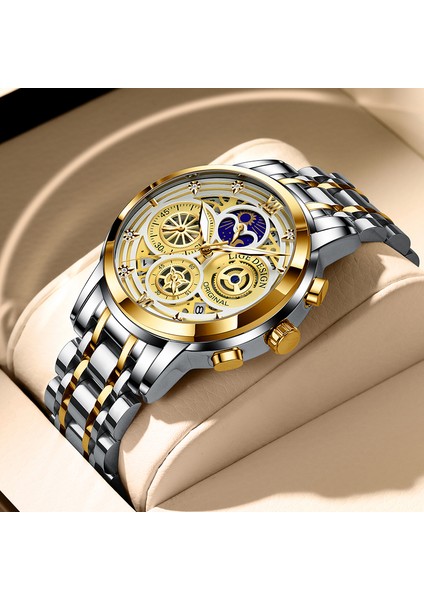 Altın Sarı Erkekler Izle Lıge Üst Marka Lüks Rahat Spor Saatler Erkekler Için Paslanmaz Çelik Kol Saati Adam Saat Moda Ay Fazı Kol Saati (Yurt Dışından) fırsatları