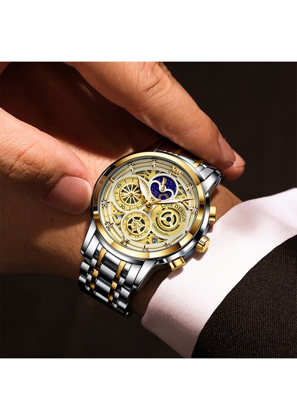 Altın Sarı Erkekler Izle Lıge Üst Marka Lüks Rahat Spor Saatler Erkekler Için Paslanmaz Çelik Kol Saati Adam Saat Moda Ay Fazı Kol Saati (Yurt Dışından) indirimleri