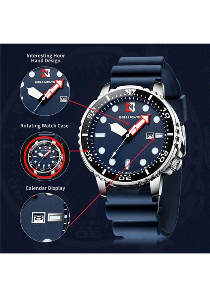Mavi Ben Nevis Erkek Saatler Lüks Analog Quartz Saat Tarih ile Askeri Saat Su Geçirmez Silikon Kauçuk Kayış Relogio Masculino (Yurt Dışından)