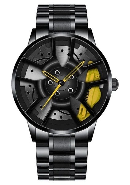 Sarı Üst Izle Marka Araba Saatleri Erkekler Spor Kuvars Bilek Saatleri 3D Spor Jant Tekerlek Göbeği Kol Saati Araba Kuvars Erkek Saatler (Yurt Dışından)