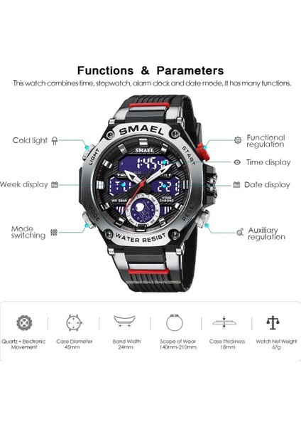 Siyah Smael Chronograph Quartz Saat Erkekler Için Moda Su Geçirmez Spor Saatler Otomatik Tarih Haftası LED Elektronik Dijital Kol Saati (Yurt Dışından)