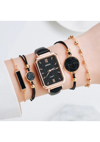 5 Adet Mıknatıs Siyah 5 Adet Set Saatler Kadın Moda Kare Yeşil Kadran Deri Bayanlar Bilezik Saatler Seti Kuvars Kol Saati Siyah Saat Dropshipping (Yurt Dışından)
