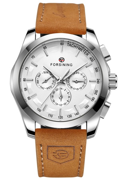 Gümüş Siyah Forsınng Erkek Üç Gözlü Tırnak Terazisi Mekanik Hareket Mekanik Saat Erkek Dairesel Kahverengi Kemer Kol Saati (Yurt Dışından)