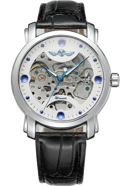 Beyaz 01 T-Kazanan Basit Gündelik Delikli Mavi Kristal Desen Mekanik Hareket Otomatik Mekanik Saat Siyah Dairesel Erkek Wri (Yurt Dışından)