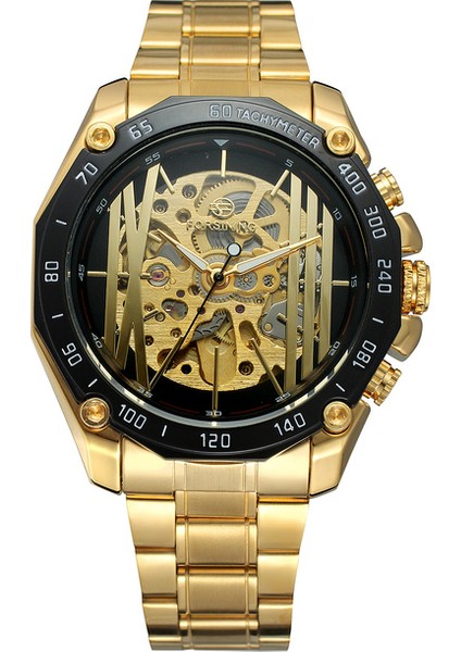 Siyah Forsınıng Erkek Mekanik Saat Siyah Delikli Tırnak Pulu Mekanik Hareket Saati Altın Kayış Kol Saati (Yurt Dışından)