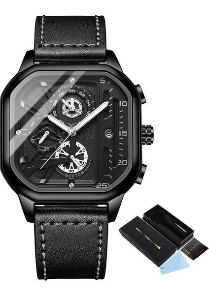 Siyah Kara Kutu Kare Chronograph 2023 Rahat Moda Spor Kol Saati Erkekler Için Deri Saat Lüks Iş Kol Saati Su Geçirmez Tarih Izle (Yurt Dışından)
