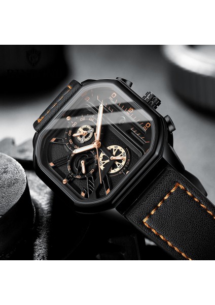 Siyah Kara Kutu Kare Chronograph 2023 Rahat Moda Spor Kol Saati Erkekler Için Deri Saat Lüks Iş Kol Saati Su Geçirmez Tarih Izle (Yurt Dışından)