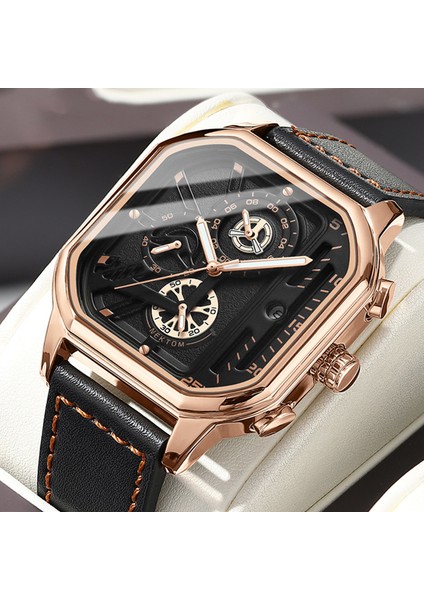 Siyah Kara Kutu Kare Chronograph 2023 Rahat Moda Spor Kol Saati Erkekler Için Deri Saat Lüks Iş Kol Saati Su Geçirmez Tarih Izle (Yurt Dışından)