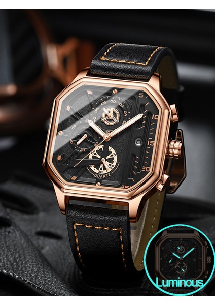 Siyah Kara Kutu Kare Chronograph 2023 Rahat Moda Spor Kol Saati Erkekler Için Deri Saat Lüks Iş Kol Saati Su Geçirmez Tarih Izle (Yurt Dışından)