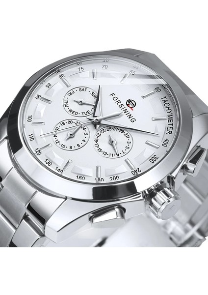 Gümüş Beyaz Forsining Gümüş Spor Saat Askeri Çok Fonksiyonlu Alt Kadranlar Paslanmaz Çelik Kayış Erkek Saatler Aydınlık Eller Relogio Masculino (Yurt Dışından)