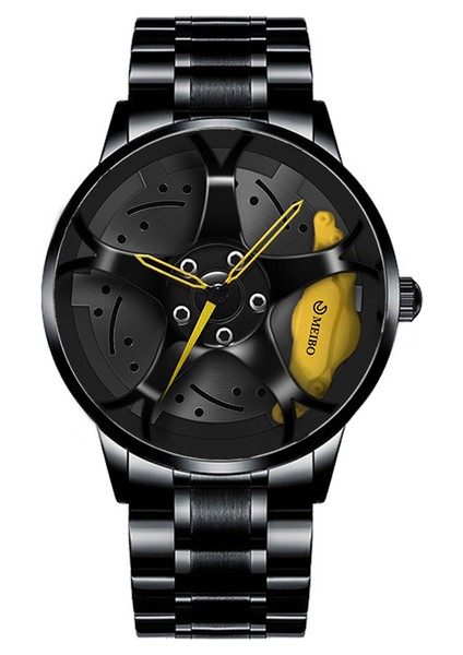Yellow3 Üst Izle Marka Araba Saatler Erkekler Spor Kuvars Bilek Saatler 3D Spor Jant Tekerlek Göbeği Kol Saati Araba Kuvars Erkek Saatler (Yurt Dışından)