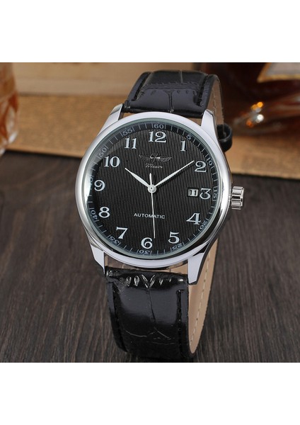 03 Erkek Otomatik Minimalist Takvim Mekanik Deri Kayış Mekanik Saat Siyah Beyaz Bilek Saati Mekanik Saat (Yurt Dışından)