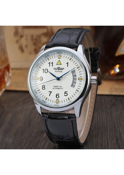 03 Erkek Otomatik Minimalist Takvim Mekanik Deri Kayış Mekanik Saat Siyah Beyaz Bilek Saati Mekanik Saat (Yurt Dışından) modelleri