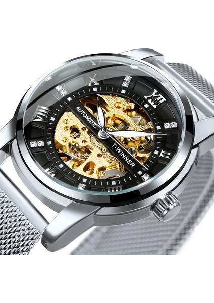 Gümüş-Siyah Wınner Deluxe Saat Erkekler Için Mekanik Elmas Tasarım Kadran Aydınlık Eller Gümüş Örgü Paslanmaz Çelik Kayış Saat Erkek (Yurt Dışından)