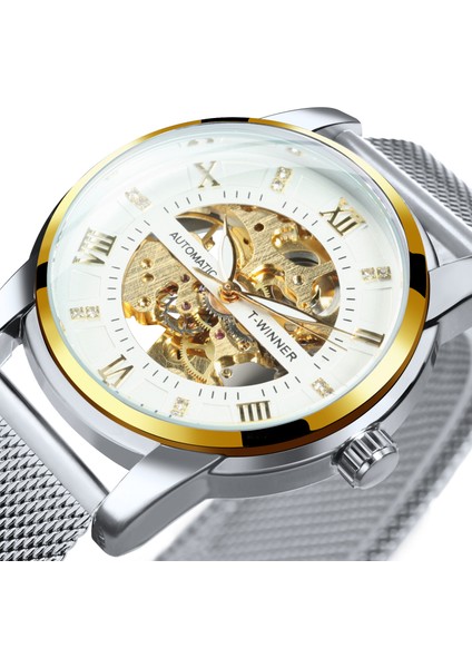 Gümüş-Siyah Wınner Deluxe Saat Erkekler Için Mekanik Elmas Tasarım Kadran Aydınlık Eller Gümüş Örgü Paslanmaz Çelik Kayış Saat Erkek (Yurt Dışından) fiyatları