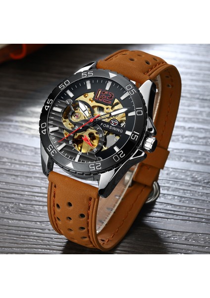 Siyah Kahve Erkek Saatler Top Marka Moda Tasarımı Lüks Deri Kayış Paslanmaz Çelik Çerçeve Otomatik Mekanik Saat Relogio Masculino (Yurt Dışından) fırsatları