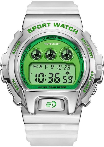 Gümüş Yeşil Sanda Marka Su Geçirmez Spor Izle Adam Için Lüks Aydınlık Chrono Kronometre Saat Uyku Modu Elektronik Hareketi Bilek Saatleri (Yurt Dışından)