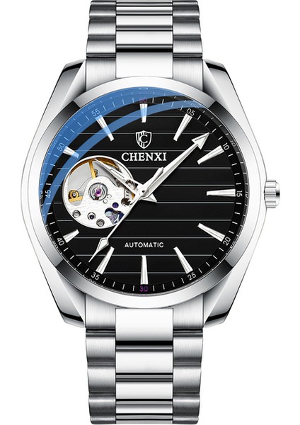 Gümüş Siyah Moda Chenxi 2022 Yeni Erkek Mekanik Saat Otomatik Su Geçirmez Tourbillon Aydınlık Iş Kol Saati Relogio Masculino (Yurt Dışından)