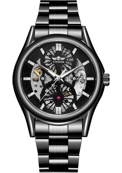 Siyah T-Kazanan Basit Tarzı Içi Boş Çift Halkalı Tırnak Terazisi Mekanik Saat Dairesel Siyah Erkek Saati Çelik Kayış Mekanik Saat (Yurt Dışından)