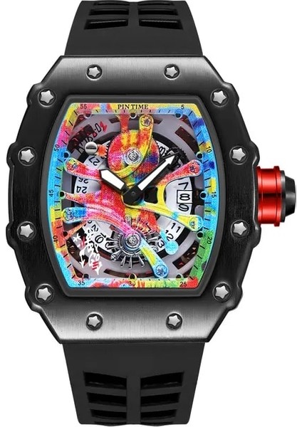 QT336-1 Modern Tasarım Erkekler Izle Spor Aydınlık Su Geçirmez Askeri Otomatik Elmas Izle Adam Erkek Silikon Kayış Tonneau Dial (Yurt Dışından)