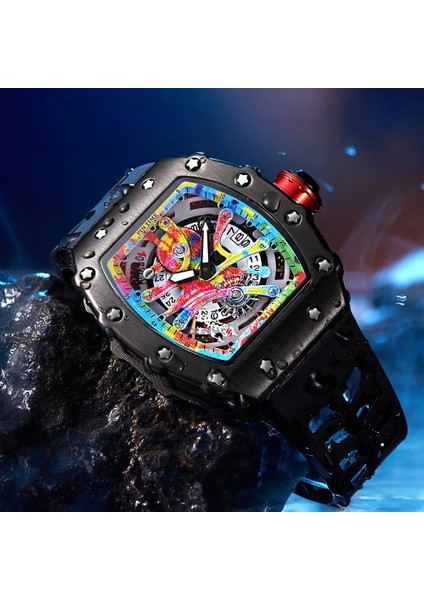 QT336-1 Modern Tasarım Erkekler Izle Spor Aydınlık Su Geçirmez Askeri Otomatik Elmas Izle Adam Erkek Silikon Kayış Tonneau Dial (Yurt Dışından)