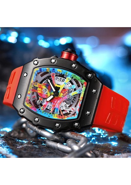 QT336-1 Modern Tasarım Erkekler Izle Spor Aydınlık Su Geçirmez Askeri Otomatik Elmas Izle Adam Erkek Silikon Kayış Tonneau Dial (Yurt Dışından)
