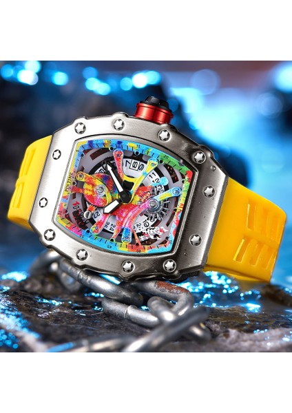 QT336-1 Modern Tasarım Erkekler Izle Spor Aydınlık Su Geçirmez Askeri Otomatik Elmas Izle Adam Erkek Silikon Kayış Tonneau Dial (Yurt Dışından)