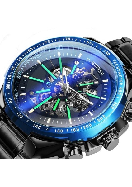 Sıyah Mavı Sıyah Kazanan Resmi Otomatik Mekanik Altın Izle Erkekler Büyük Durumda Lüks Moda Aydınlık Askeri Iş Mavi Su Geçirmez (Yurt Dışından)