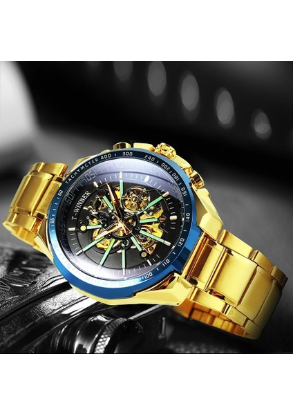 Sıyah Mavı Sıyah Kazanan Resmi Otomatik Mekanik Altın Izle Erkekler Büyük Durumda Lüks Moda Aydınlık Askeri Iş Mavi Su Geçirmez (Yurt Dışından) modelleri