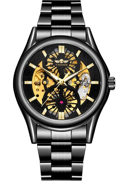 Siyah T-Kazanan Basit Tarzı Içi Boş Çift Halkalı Tırnak Terazisi Mekanik Saat Dairesel Siyah Erkek Saati Çelik Kayış Mekanik Saat (Yurt Dışından) modelleri