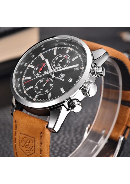 Çelik Siyah Benyar Moda Chronograph Spor Erkek Saatler Üst Marka Lüks Kuvars Izle Reloj Hombre Saat Saat Erkek Saat Relogio Masculino (Yurt Dışından)