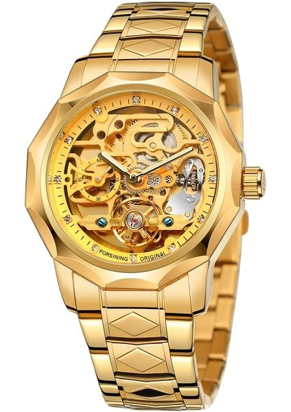 Altın Forsınıng Otomatik Saatler Erkekler Için Lüks Tasarım Elmas Tourbillon Mekanik Paslanmaz Çelik Kayış Erkek Kol Saatleri (Yurt Dışından)