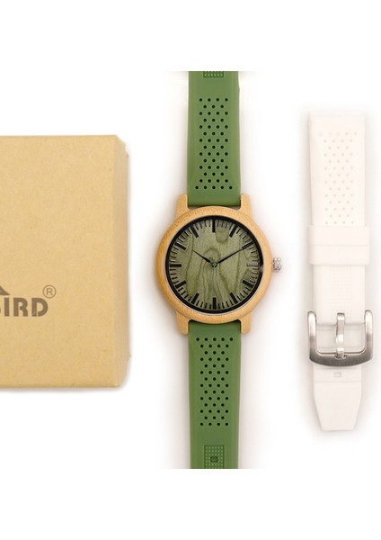 Ekstra Beyaz Bant Bobo Bırd Bambu Ahşap Izle Erkekler Kuvars Izle Yeşil Silikon Kayış ile Ekstra Bant Erkek Hediye Kutusu ile Relogio Masculino W-B06 (Yurt Dışından)