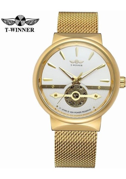 Altın-Beyaz Moda Kazanan Erkekler Otomatik Mekanik Saat Lüks Su Geçirmez Spor Aydınlık Saat Erkekler Örgü Çelik Kalınlığı Durumda Kol Saatleri (Yurt Dışından)