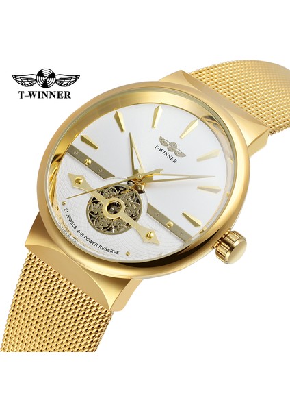 Altın-Beyaz Moda Kazanan Erkekler Otomatik Mekanik Saat Lüks Su Geçirmez Spor Aydınlık Saat Erkekler Örgü Çelik Kalınlığı Durumda Kol Saatleri (Yurt Dışından) indirimleri