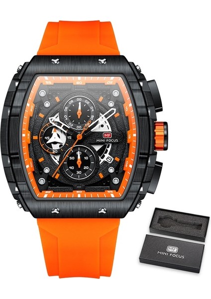 0399ORANGE-BOX Mını Focus Chronograph Quartz Saat Erkekler Için Tonneau Dial Askeri Spor Kol Saati, Turuncu Silikon Kayış Otomatik Tarih 0399 (Yurt Dışından)