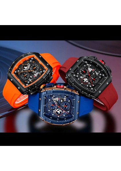 0399ORANGE-BOX Mını Focus Chronograph Quartz Saat Erkekler Için Tonneau Dial Askeri Spor Kol Saati, Turuncu Silikon Kayış Otomatik Tarih 0399 (Yurt Dışından)