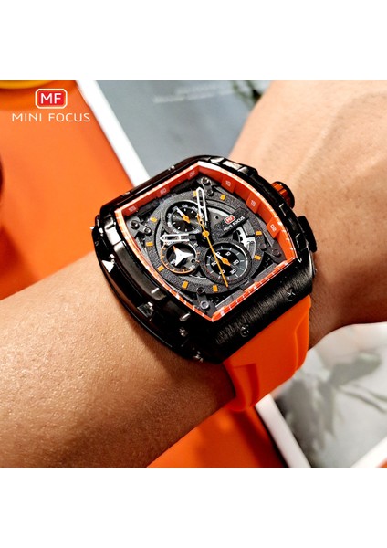 0399ORANGE-BOX Mını Focus Chronograph Quartz Saat Erkekler Için Tonneau Dial Askeri Spor Kol Saati, Turuncu Silikon Kayış Otomatik Tarih 0399 (Yurt Dışından)