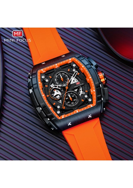 0399ORANGE-BOX Mını Focus Chronograph Quartz Saat Erkekler Için Tonneau Dial Askeri Spor Kol Saati, Turuncu Silikon Kayış Otomatik Tarih 0399 (Yurt Dışından)