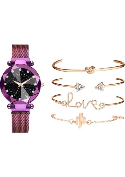 3266 Mor Set 5 Adet / Takım Lüks Kadın Bilezik Izle Bayanlar Altın Dijital LED Kuvars Kol Saati Kadın Spor Saat Kadın Relogio Feminino (Yurt Dışından)