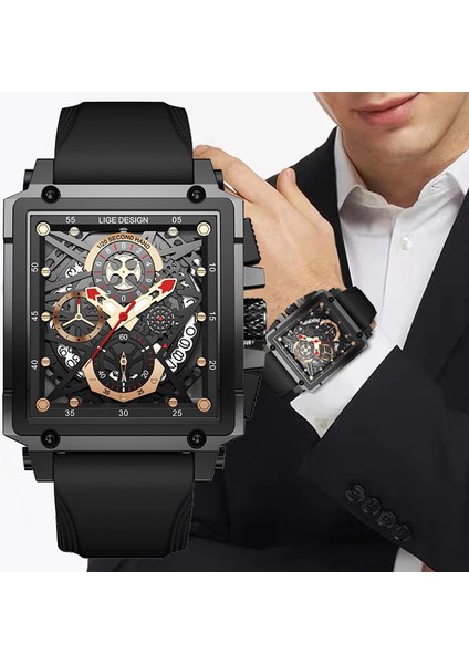 Gümüş Siyah Lıge Rahat Spor Saatler Erkekler Için Üst Marka Lüks Askeri Silikon Kol Saati Adam Saat Dikdörtgen Chronograph Kol Saati (Yurt Dışından)