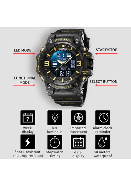 Siyah Samel Spor Stil Erkekler Dijital Saat Şok Askeri Saatler Çift Ekran Su Geçirmez Ordu Zaman Kuvars Kol Saati Erkek Spor Saati (Yurt Dışından) fiyatları