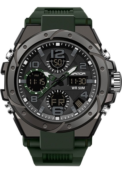 Ordu Yeşil Sanda Moda Gül Altın Kasa Erkek Saatler Spor Chronograph Hd Çift Ekran Kuvars Izle Suya Dayanıklı Aydınlık Reloj Hombre (Yurt Dışından)