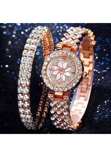 Gül Altın Set1 Lüks Kadın Gül Altın Izle Moda Bayanlar Kuvars Elmas Kol Saati Zarif Kadın Bilezik Saatler 2 Adet Set Reloj Mujer (Yurt Dışından)